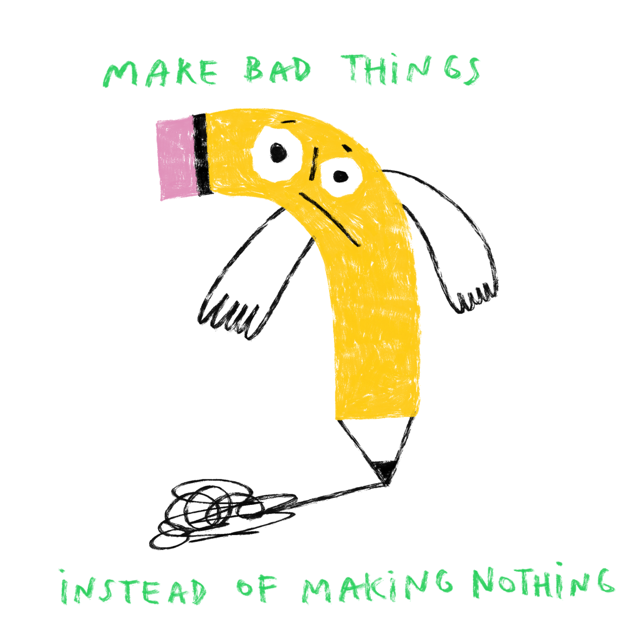 cartoon illustration of a sad, bent yellow pencil stil trying to scribble on paper 